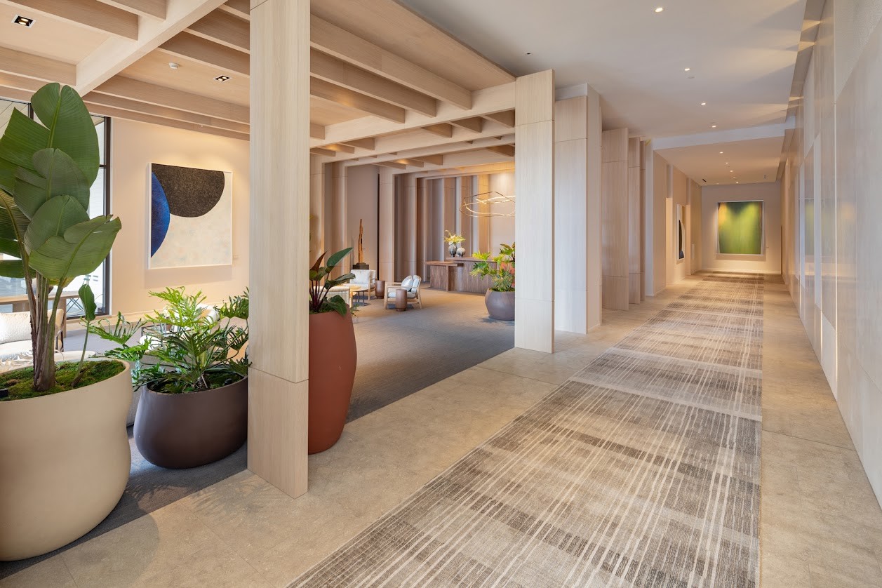 A long hallway with a carpeted floor and potted plants on either side.